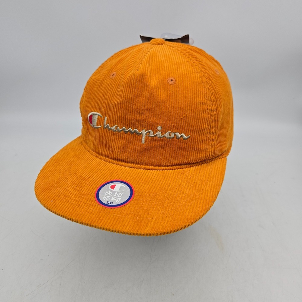 Champion Strapback Hat Cap Orange Corduroy Embroidered Spellout One Size New